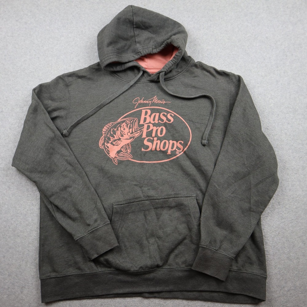 Bass Pro Shops Hoodie Mens XL Johnny Morris Graphic Grey Salmon Fishing Pullover